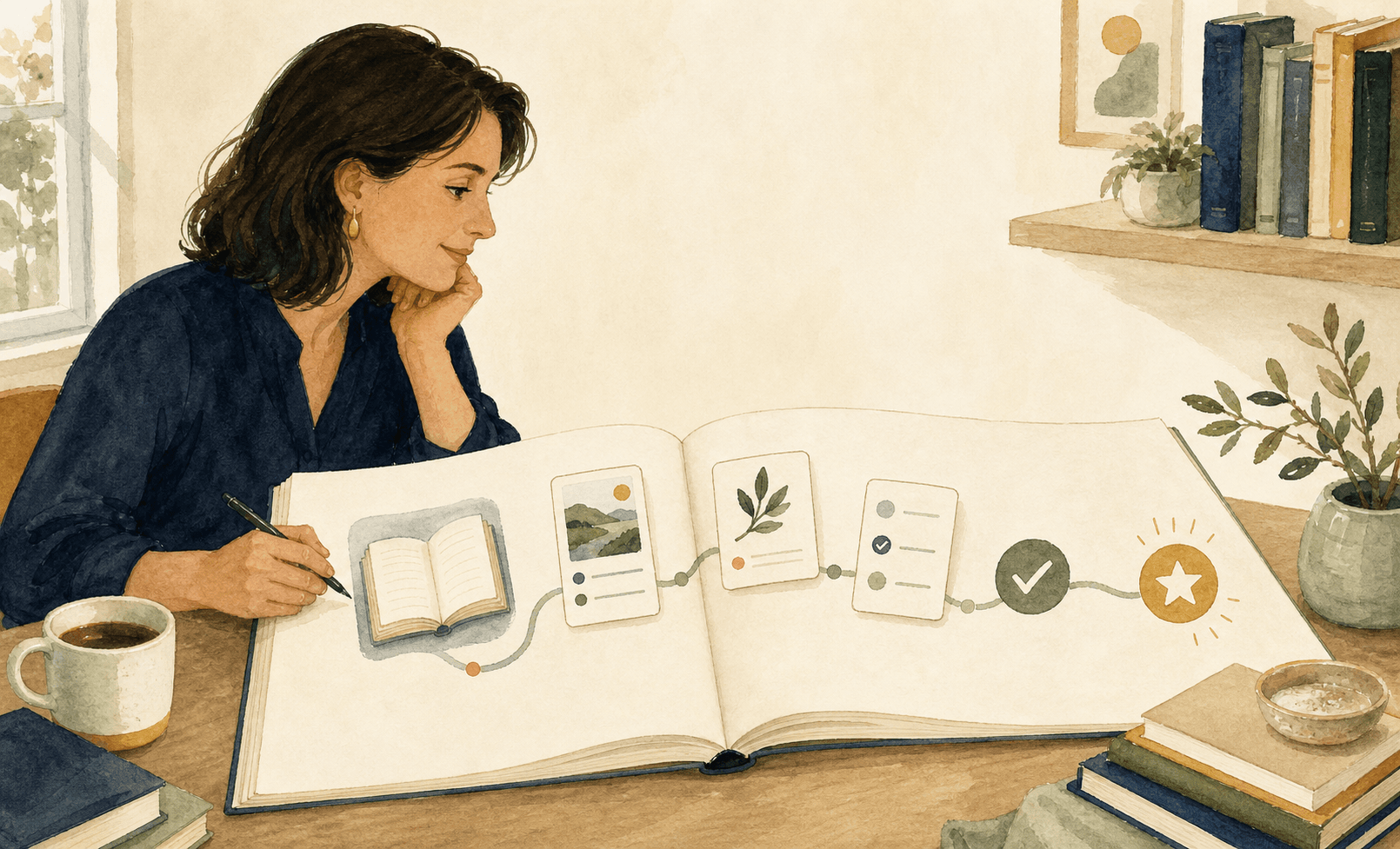 An adult learner following a visual course journey through an open notebook